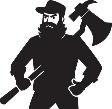 Black and white vector silhouette of a strong bearded lumberjack with axe over shoulder, perfect for rustic and outdoor adventure designsのイラスト素材