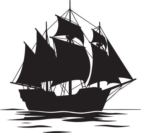 Detailed black and white vector illustration of a classic pirate sailing ship with multiple masts and sails, ideal for nautical, adventure and pirate themed designsのイラスト素材