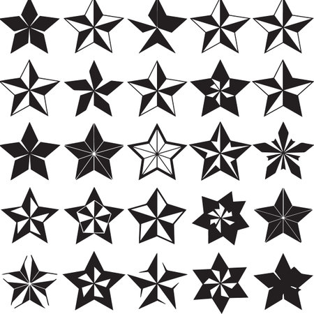 Black vector collection of various star shapes in different styles and sizes arranged in a pattern, decorative star design elements setのイラスト素材