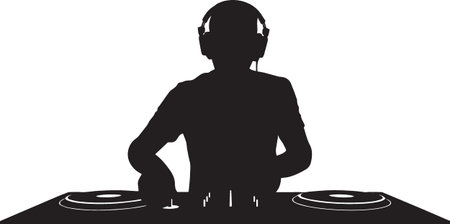 Black vector silhouette of a DJ standing behind turntables and mixing decks, perfect for music,...