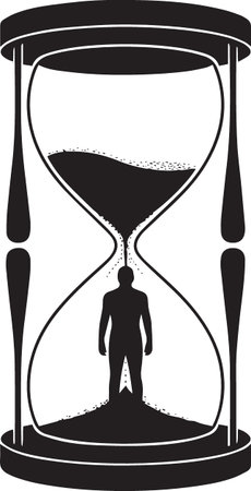 Black vector silhouette of a man standing trapped inside a large hourglass as sand falls around him,...