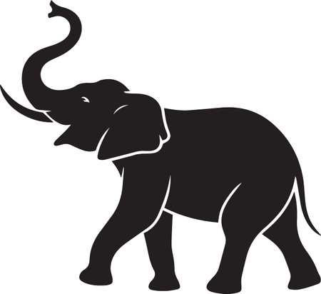 Black vector silhouette of an elephant with trunk raised up high, powerful wildlife animal illustration for nature, safari, luck, and prosperity designsのイラスト素材
