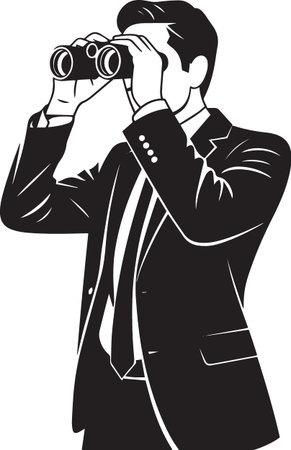 Black silhouette vector of a businessman looking through binoculars, symbolizing vision, foresight, and strategic planningのイラスト素材