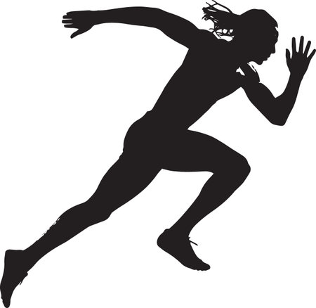 Vector silhouette of a female sprinter in a dynamic running pose with hair flowing, representing...