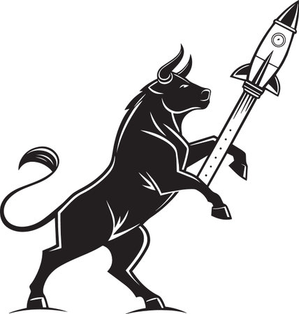 Black and white vector silhouette of a bull character standing and holding a rocket, symbolizing stock market growth and bullish momentum in financial tradingのイラスト素材