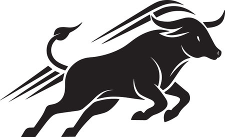 Black and white vector silhouette of a bull head and body charging forward aggressively with prominent horns and motion linesのイラスト素材