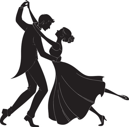 Black and white vector silhouette of a wedding couple dancing together, bride with bouquet and groom in romantic first dance poseのイラスト素材
