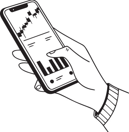 Black and white vector silhouette of a hand gripping a smartphone showing stock market trading application with financial graphsのイラスト素材