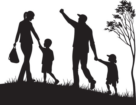 Black and white vector silhouette of a family with children outdoors near a tree with people waving and celebrating in natureのイラスト素材