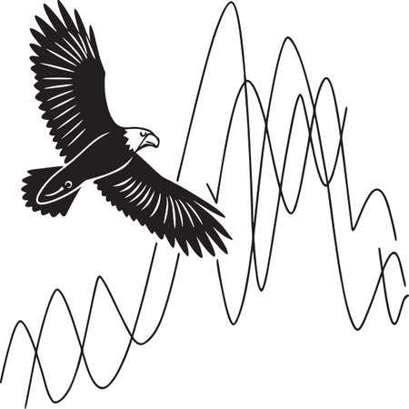 Black and white vector silhouette illustration of an eagle flying with sound wave patterns, freedom bird soaring communication conceptのイラスト素材