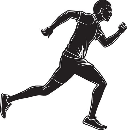 Black and white vector silhouette illustration of a male runner in dynamic sprinting action pose,...