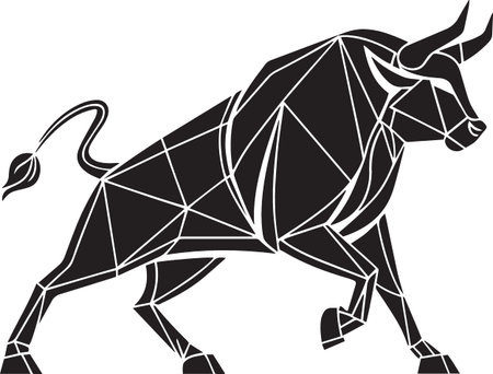 Black vector silhouette of a bull with head lowered ready to charge in geometric polygon angular art styleのイラスト素材