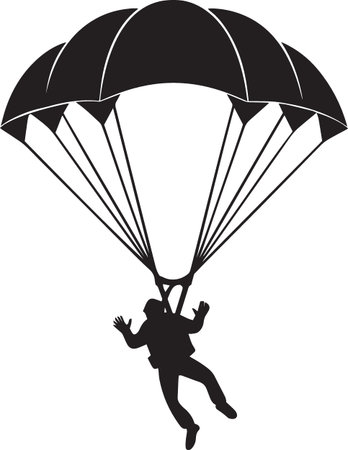 Black silhouette vector of a skydiver with open parachute in action pose, representing adventure...