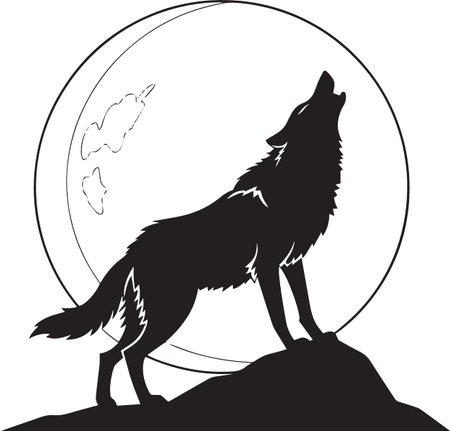 Black vector silhouette of a wolf howling at the moon in dramatic nighttime wilderness scene with...