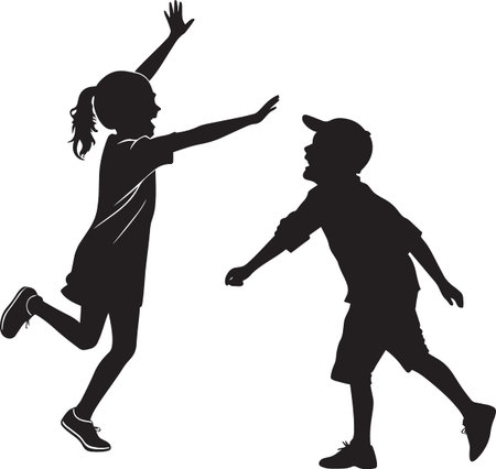 Black vector silhouette of children dancing and playing with arms outstretched in joyful movementのイラスト素材