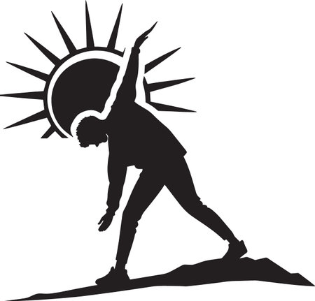 Dynamic vector silhouette of a man standing powerfully in front of a radiating sunのイラスト素材