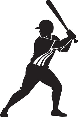 Black silhouette vector of a baseball batter in full swing with baseball visible in dynamic poseのイラスト素材