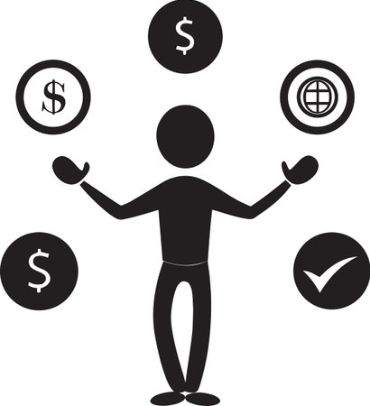 Vector silhouette of a stick figure business person juggling finance and global iconsのイラスト素材