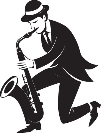 Vector silhouette of a jazz saxophonist bending forward while passionately playing his instrumentのイラスト素材