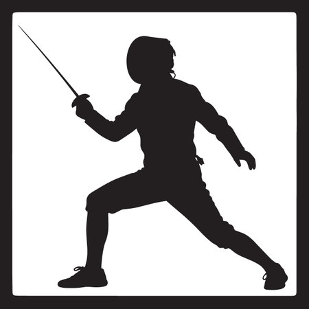 Black vector silhouette of a fencer in lunging attack pose with sword on white background