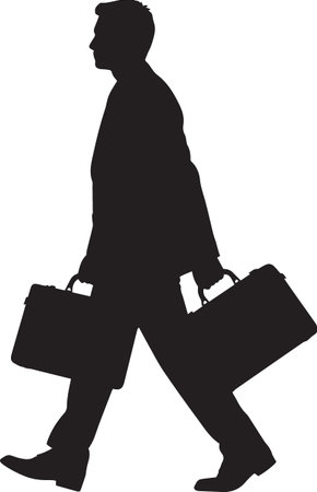 Black vector silhouette of a businessman kneeling with suitcase and briefcase on white backgroundのイラスト素材