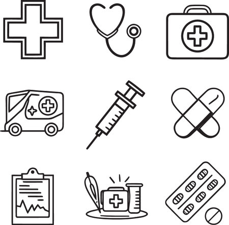 Black and white vector collection of healthcare and medical line icons including cross, stethoscope, first aid kit, ambulance, and medicine symbolsのイラスト素材