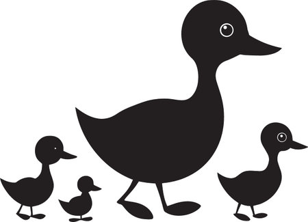 Black and white vector silhouette of a large mother duck with a small baby duckling standing togetherのイラスト素材
