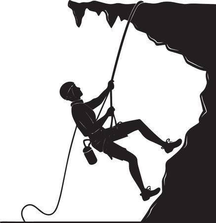 Black silhouette vector of a rock climber rappelling down a cliff face with rope on white backgroundのイラスト素材
