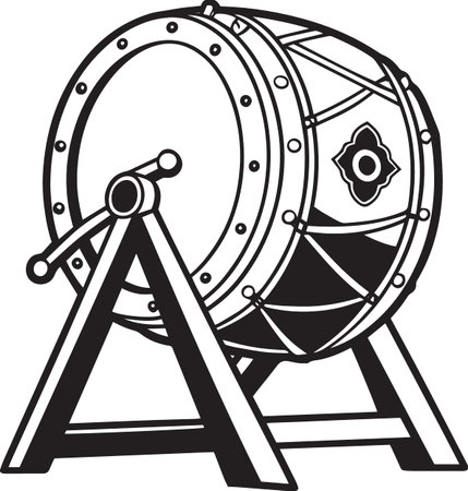 Black and white vector silhouette of a bass drum with drumsticks mounted on a triangular A-frame standのイラスト素材