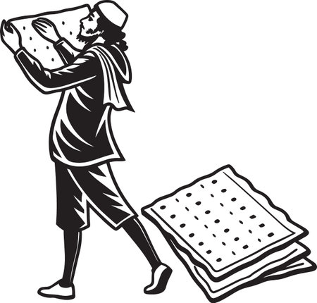 Black and white vector silhouette of a traditional baker holding and presenting matzah unleavened breadのイラスト素材