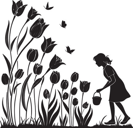 Black and white vector silhouette of a girl standing among tall tulip flowers with butterfliesのイラスト素材