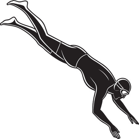 Black and white vector silhouette of a diver plunging headfirst into water wearing gogglesのイラスト素材