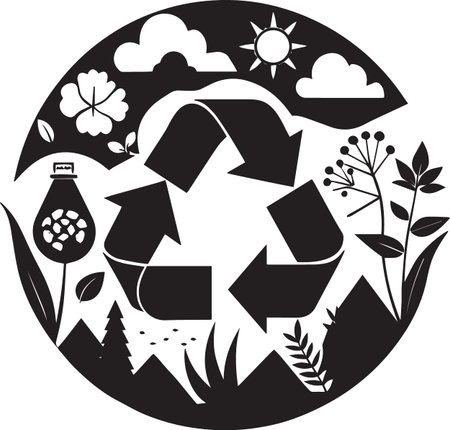 Black and white vector silhouette of recycling arrows in a circle filled with nature elements flowers sun clouds and bottleのイラスト素材