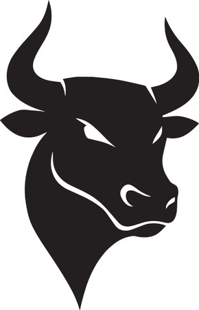 Black silhouette of an angry bull head in side profile with sharp horns and fierce expression, ideal for aggressive brandingのイラスト素材