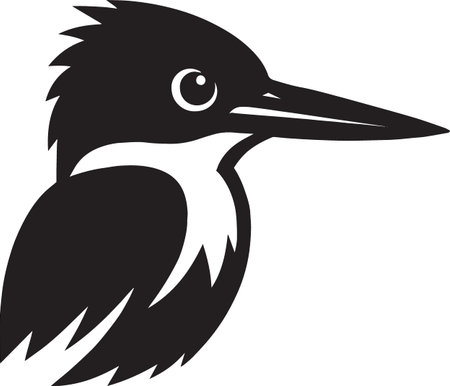 Black silhouette of a kingfisher bird with detailed beak and feathers, perfect for wildlife birdwatching and nature themed designsのイラスト素材
