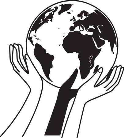 Black and white vector silhouette of two hands carefully holding planet Earth globe showing world mapのイラスト素材
