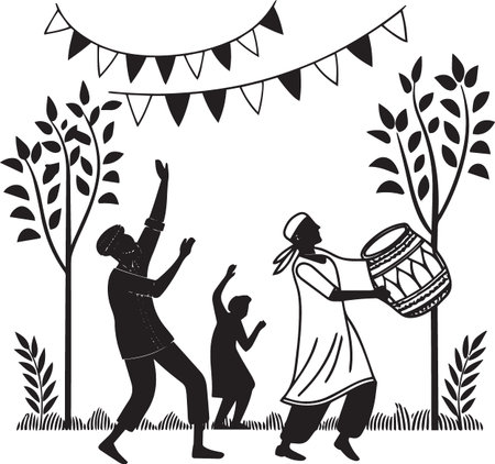 Black silhouette vector of people celebrating at a harvest festival with banners drums and dancing on white backgroundのイラスト素材