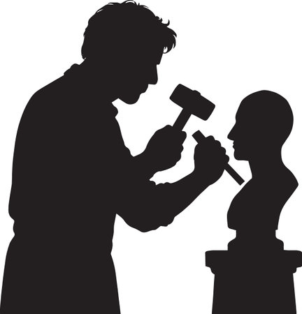 Black vector silhouette of a sculptor artist chiseling a bust statue with hammer and chisel toolsのイラスト素材