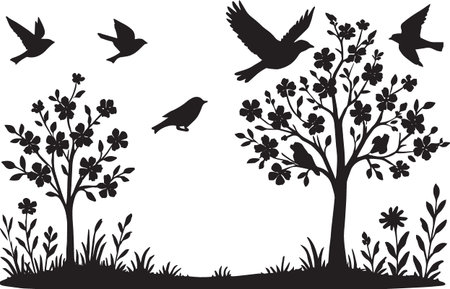Black vector silhouette of birds perched on and flying around flowering trees and garden plantsのイラスト素材
