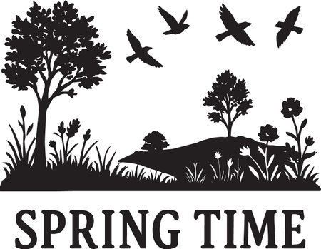 Black vector silhouette of a spring time landscape with trees birds and wildflowers in a scenic outdoor settingのイラスト素材