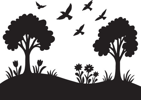 Black vector silhouette of a spring garden landscape with trees flowers birds and lush vegetationのイラスト素材