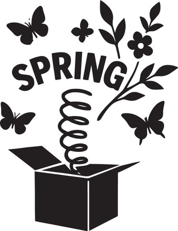 Black vector silhouette of a spring surprise box opening with butterflies and springs popping outのイラスト素材