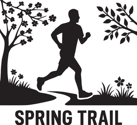 Black silhouette of a man running on a spring trail with cherry blossoms and flowers, ideal for outdoor fitness and seasonal exercise designsのイラスト素材