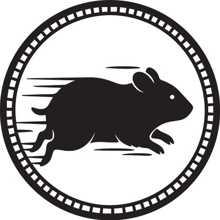 Black and white vector silhouette of a cute hamster running inside an exercise wheel circular frameのイラスト素材