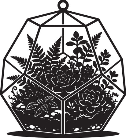Black and white vector silhouette of a geometric glass terrarium filled with succulent plants and fernsのイラスト素材