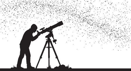 Black silhouette of a person looking through a telescope at a starry night skyのイラスト素材