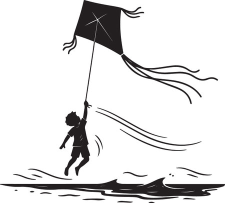 Black silhouette vector of a child running and flying a kite in the windのイラスト素材