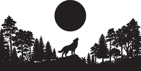 Black silhouette vector of a wolf howling in a forest landscape with pine trees and an oval moon