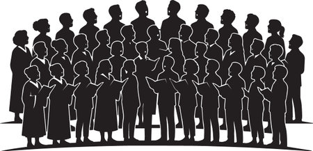 Black silhouette vector of a large crowd of people standing together in rows forming a groupのイラスト素材