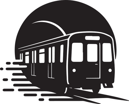 Black silhouette vector illustration of a train or tram moving at speed with motion effectsのイラスト素材
